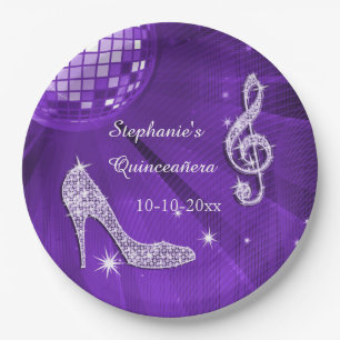 Paarse Disco Bal en Hoge Hak Quinceañera Papieren Bordje