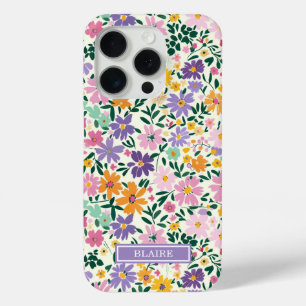 Paarse Ditsy Bloemen Monogram iPhone 15 Pro Case
