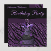 Paarse diva Cake & Printed Zebra Glitter Birthday Kaart (Voorkant / Achterkant)