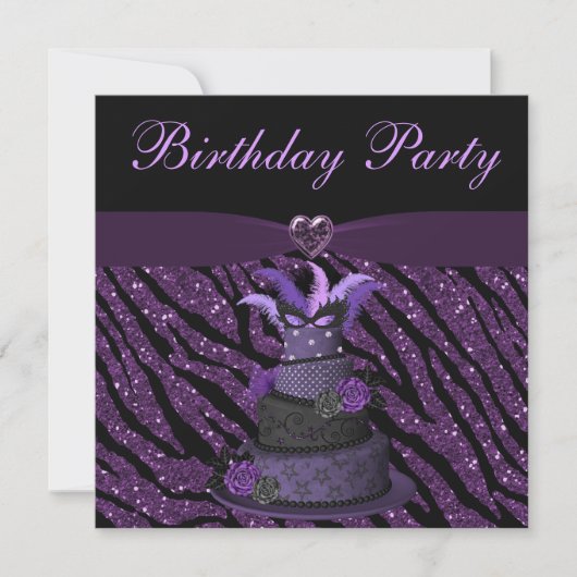 Paarse diva Cake & Printed Zebra Glitter Birthday Kaart (Voorkant)