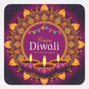  Paarse Diya Kleurrijke Mandala Happy Diwali Vierkante Sticker