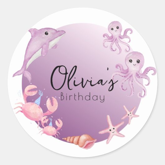 Paarse dolfijn en kwal Verjaardag Ronde Sticker (Voorkant)
