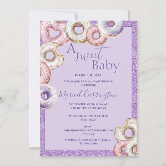 Paarse Donuts Glitter Waterverf Baby shower Kaart (Voorkant)
