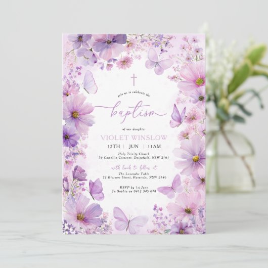 Paarse doop vlinder bloemendoopsel meisje kaart (Staand voorkant)