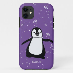 Paarse douanenaam Cute Penguin Snow iPhone 11 Hoesje