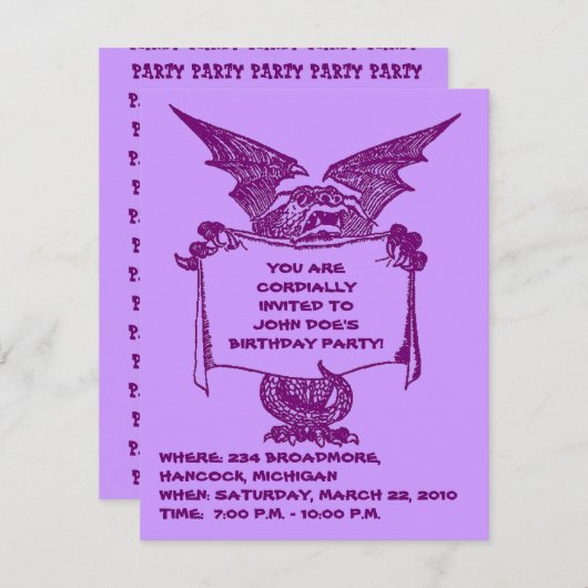 PAARSE DRAGON HOLDING PARTIJ INVITATIE-AANGEPAST KAART (Voorkant / Achterkant)