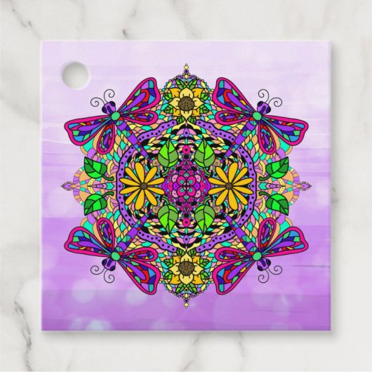Paarse Dragonfly en Flowers Mandala Hand Drawn Bedankjes Labels (Voorkant)