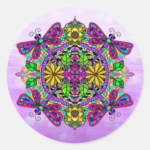 Paarse Dragonfly en Flowers Mandala Hand Drawn Ronde Sticker