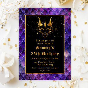 Paarse drakenschalen Gold Faux Glitter Birthday Kaart