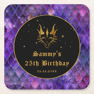 Paarse drakenschalen Gold Faux Glitter Birthday Vierkante Kartonnen Onderzetter