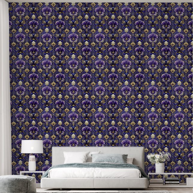 Paarse driekleur, art deco stijl behang (Slaapkamer)
