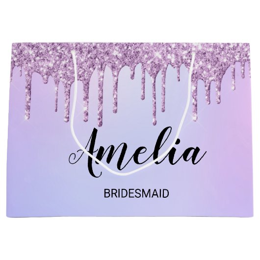 Paarse dripglitter Persoonlijke bridesmaïden Groot Cadeauzakje (Voorkant)