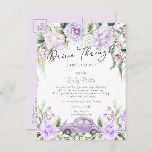 Paarse Drive-Through Waterverf Bloemenkraamfeest v Uitnodiging Briefkaart (Voorkant / Achterkant)