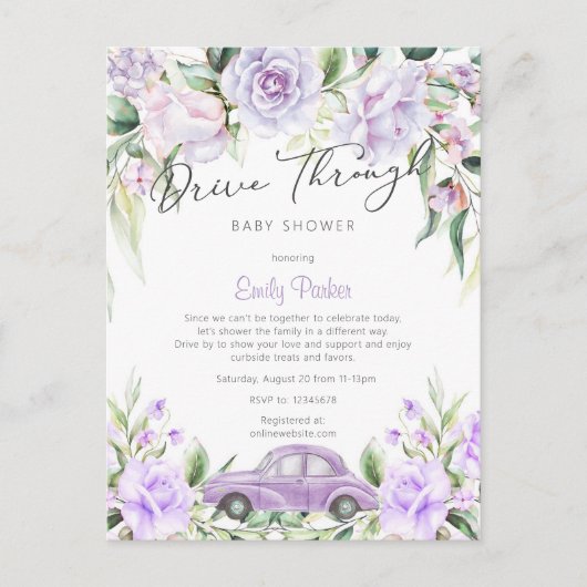 Paarse Drive-Through Waterverf Bloemenkraamfeest v Uitnodiging Briefkaart (Voorkant)