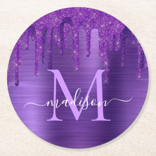 Paarse Druppelende Glitterborstel Metaal Monogram Ronde Kartonnen Onderzetter