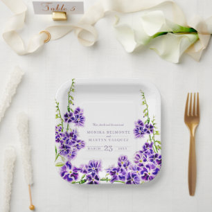 Paarse duranta waterverf bloembruiloft papieren bordje