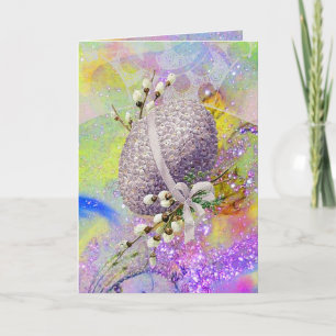 PAARSE EASTER-EGG, WITTE BLOSSEN, GEEL FEESTDAGEN KAART