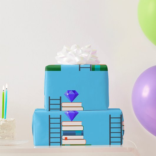 Paarse edelsteen op stapel boeken met ladder cadeaupapier