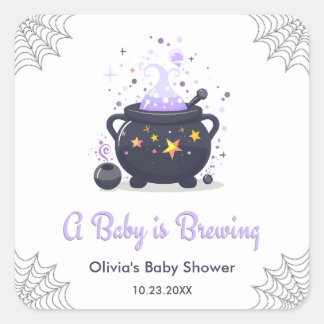 Paarse Een Baby Brouwt Halloween Baby Shower Vierkante Sticker