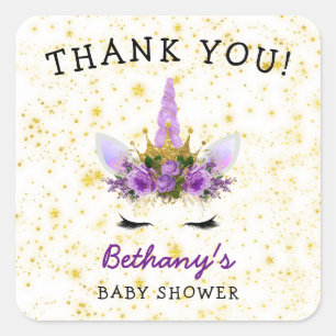 Paarse Eenhoorn Baby shower gunst dank u Vierkante Sticker
