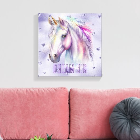 Paarse eenhoorn droom glitter harten canvas afdruk (Insitu (Woonkamer))