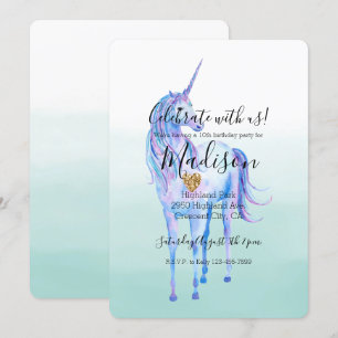 Paarse Eenhoorn Gouden Glitter Hart Munt Waterverf Kaart