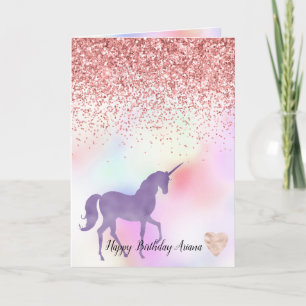 Paarse Eenhoorn Rainbow Pink Glitter Sparkle Heart Kaart