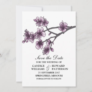 Paarse Eenvoudige Cherry Blossom Save the Date Inv