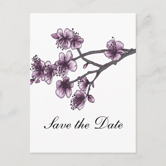 Paarse Eenvoudige Cherry Blossom sparen de Datum Aankondigingskaart (Voorkant)