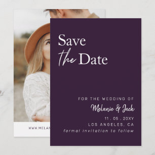 Paarse eenvoudige kalligrafie-foto bespaart de dat save the date