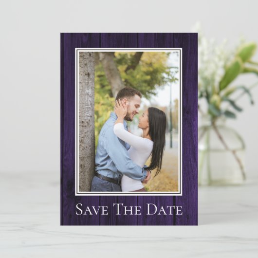 Paarse Eenvoudige Rustieke Foto Bewaar de Datum Save The Date (Staand voorkant)