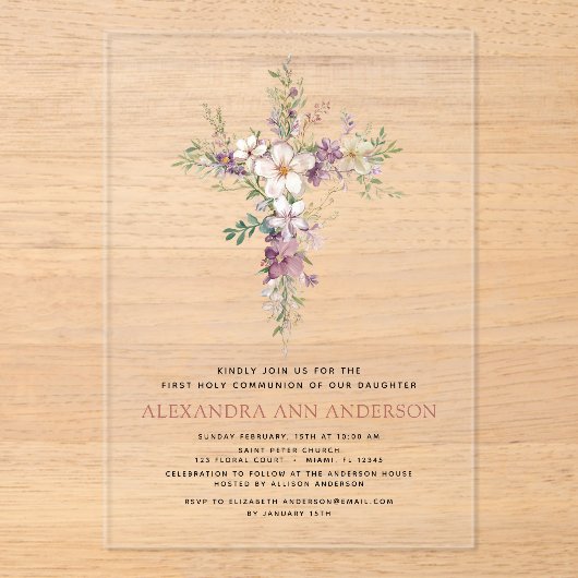 Paarse eerste Heilige Communie Wildflower Acryl Uitnodigingen (Voorkant)