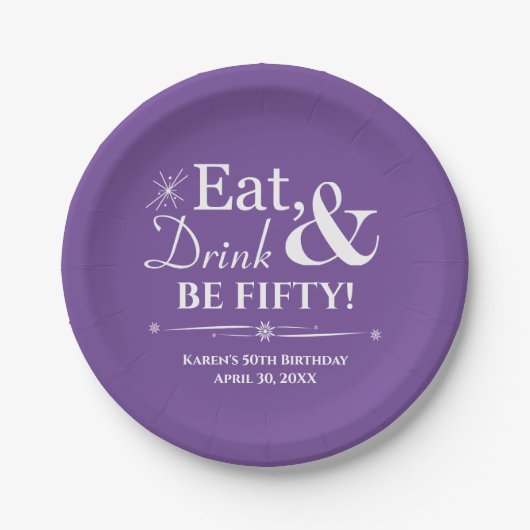 Paarse Eet Drink Be Fifty Throwback 50ste Verjaard Papieren Bordje (Voorkant)
