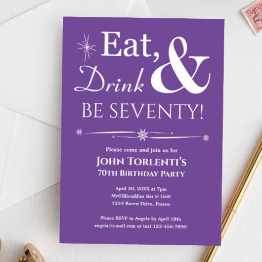 Paarse Eet Drink Zeventig 70e Verjaardag Mid Mod Kaart