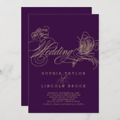 Paarse Elegant Gold Calligraphy Wedding Invitation Kaart (Voorkant / Achterkant)