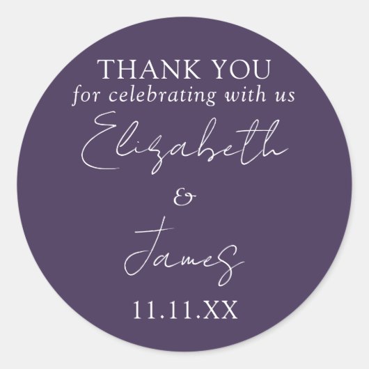 Paarse Elegant Script Wedding Bedankt Ronde Sticker (Voorkant)