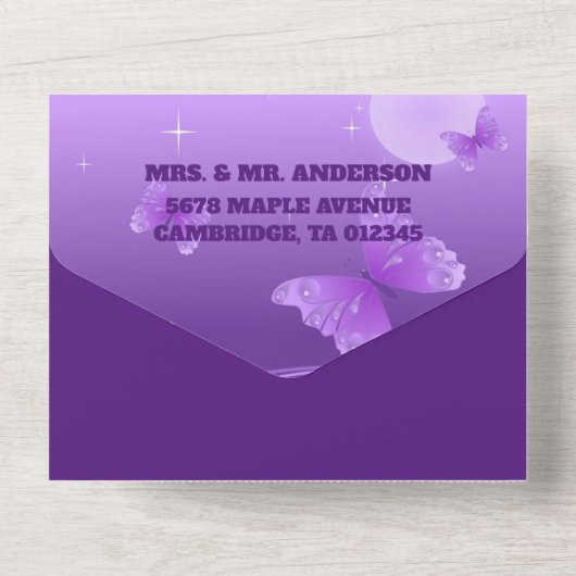 Paarse Elegante Bloemen & Vlinders All In One Uitnodiging (Achterkant)