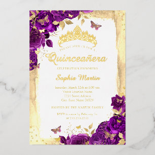 Paarse Elegante Bloemenvlinder Quinceanera Folie Uitnodiging