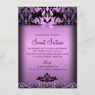 Paarse Elegante Damast Sweet Sixteen Feest Uitnodi Kaart
