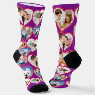 Paarse elegante rode hartpatroon   5 Fotocollage Sokken