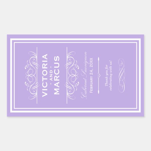 Paarse Elegante Trouwmonogram Wijnfles Rechthoekige Sticker (Voorkant)
