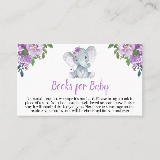 Paarse Elephant Baby shower Books for Baby Visitekaartje (Voorkant)