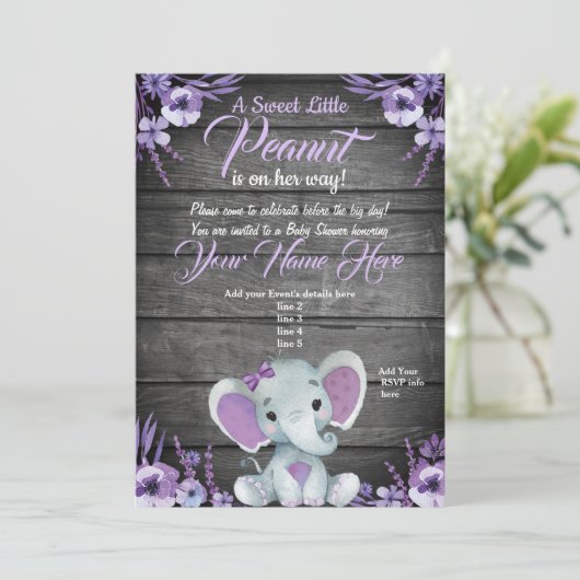 Paarse Elephant Baby shower-uitnodiging Kaart (Staand voorkant)