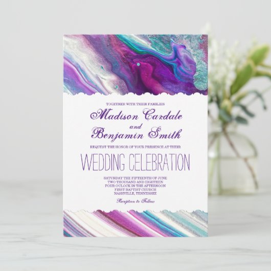 Paarse en Aqua Abstracte Paint Swirls Weddenschap Kaart (Staand voorkant)