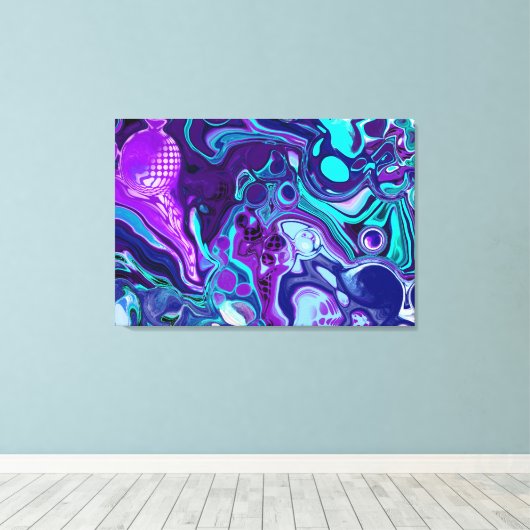 Paarse en Aqua Blue Abstracte Fluid Art Canvas Afdruk (Insitu (Houten vloer))