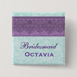 Paarse en Aqua Damask Bridesmaid Vierkante Button 5,1 Cm