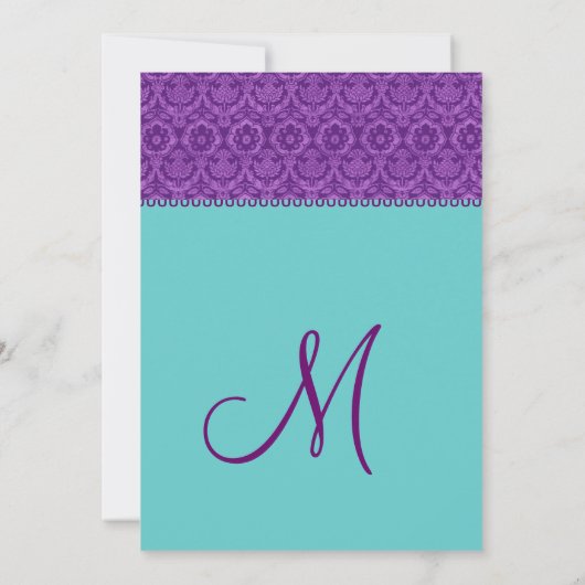 Paarse en Aqua  Damask Wedding Monogram Kaart (Achterkant)