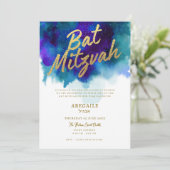 Paarse en Blauwe Bat Mitswa Uitnodiging (Staand voorkant)