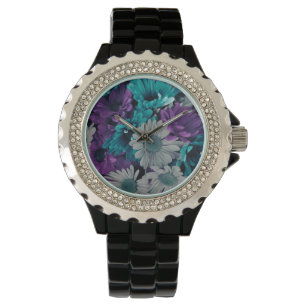 Paarse en blauwe bloemen horloge
