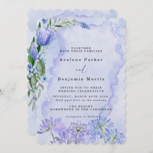 Paarse en Blauwe Bloemen Lotus Bruiloft Uitnodigin Save The Date (Voorkant / Achterkant)